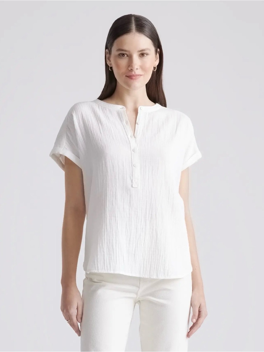 Quince 100% Organic Cotton Gauze Roll Sleeve Shirt in White